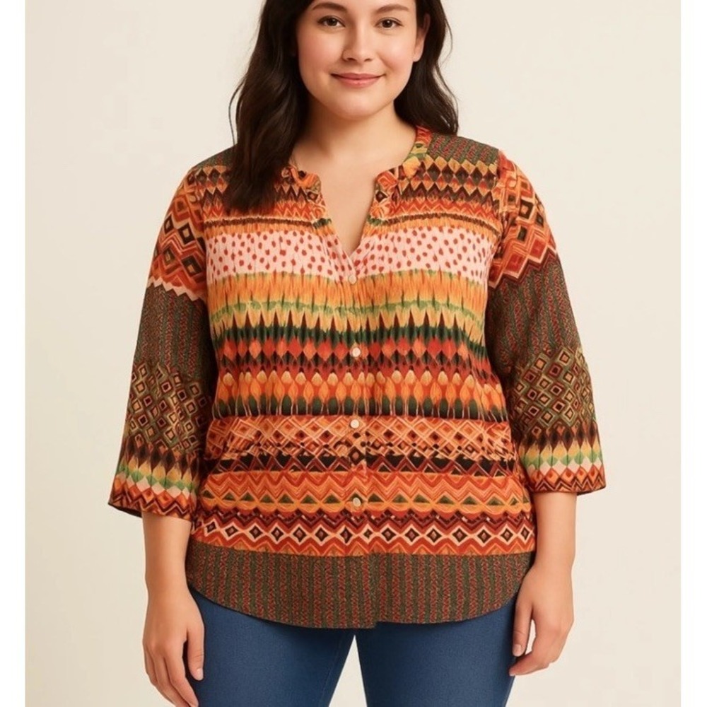 Antilia Femme Blouse Women 2X Sheer Aztec Deep V Neck Western Bohemian
